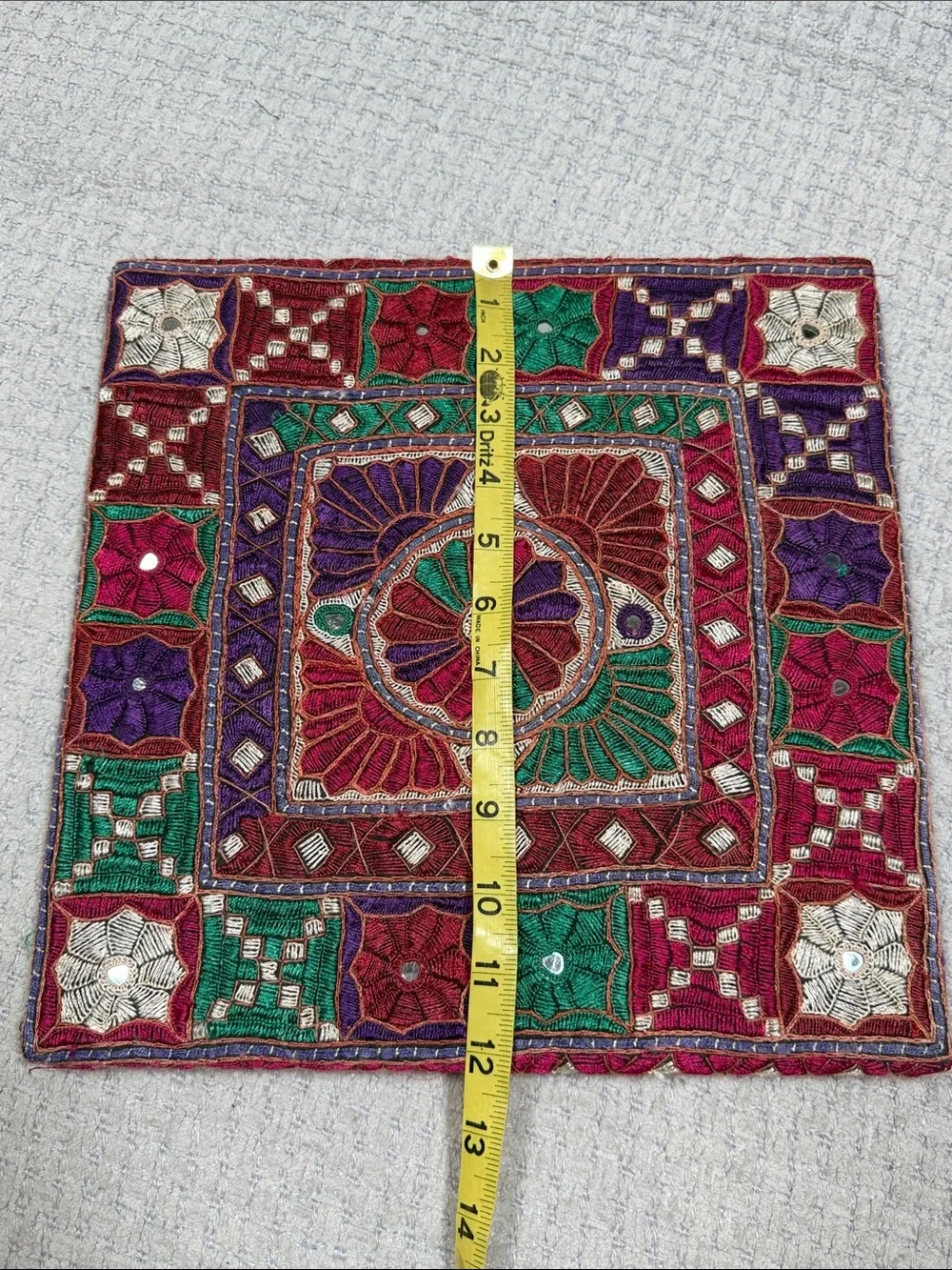 Vintage Tapestry Embroidered Mirrors Jewel Tones Crewel Square Wall Hanging